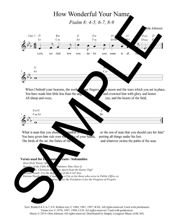 Psalm 8 How Wonderful Your Name Johnson Sample Lead Sheet