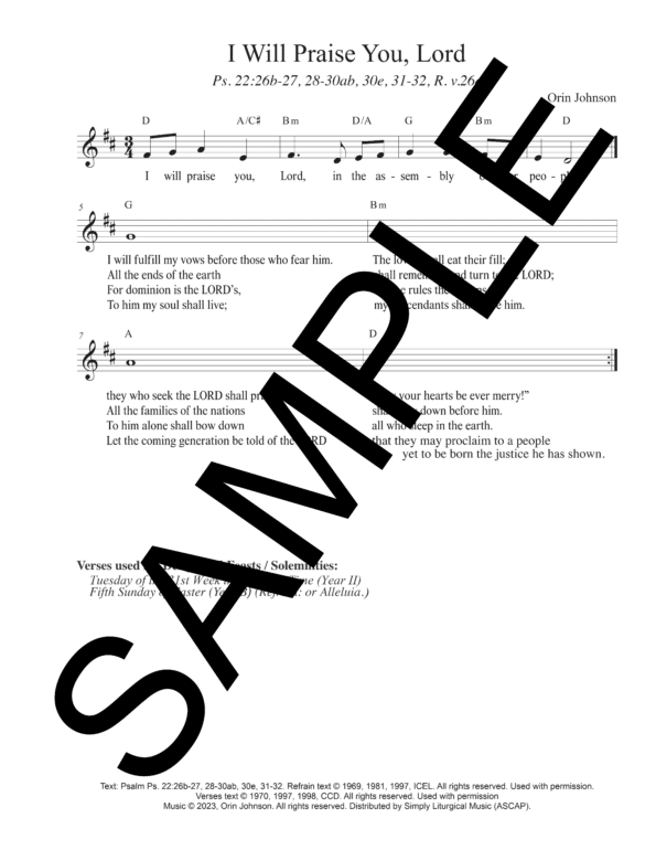 Sample Psalm 22 I Will Praise You Lord Johnson Lead Sheet Orin Johnson1