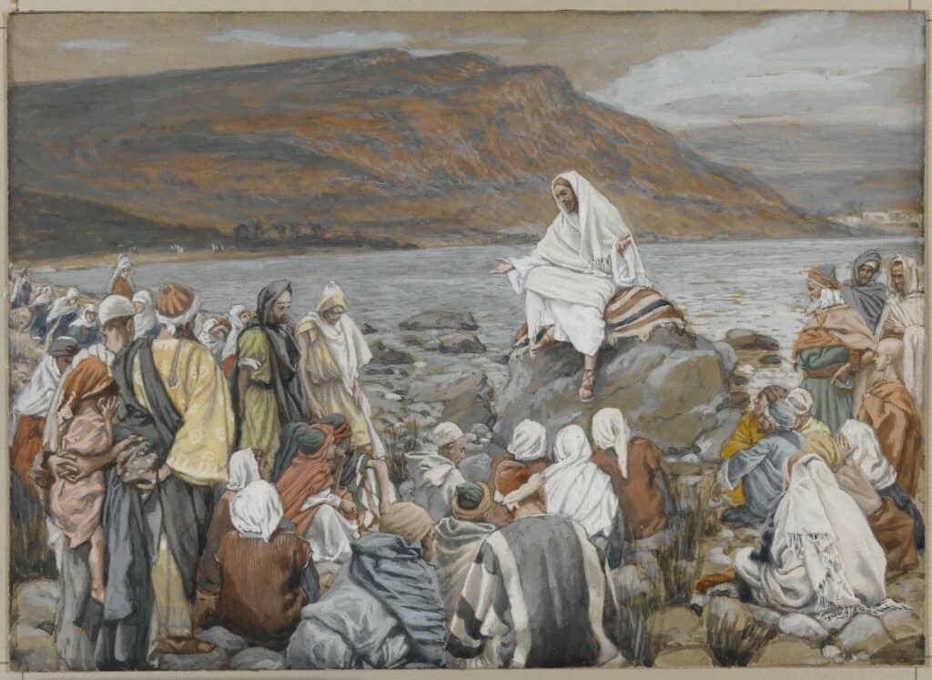 James Tissot (Nantes, France, 1836–1902, Chenecey-Buillon, France). Jesus Teaches the People by the Sea (Jésus enseigne le peuple près de la mer), 1886-1896. Opaque watercolor over graphite on gray wove paper, Image: 6 11/16 x 9 1/4 in. (17 x 23.5 cm). Brooklyn Museum,